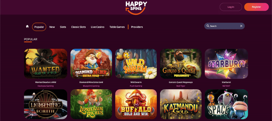 Casinolobby hos HappySpins