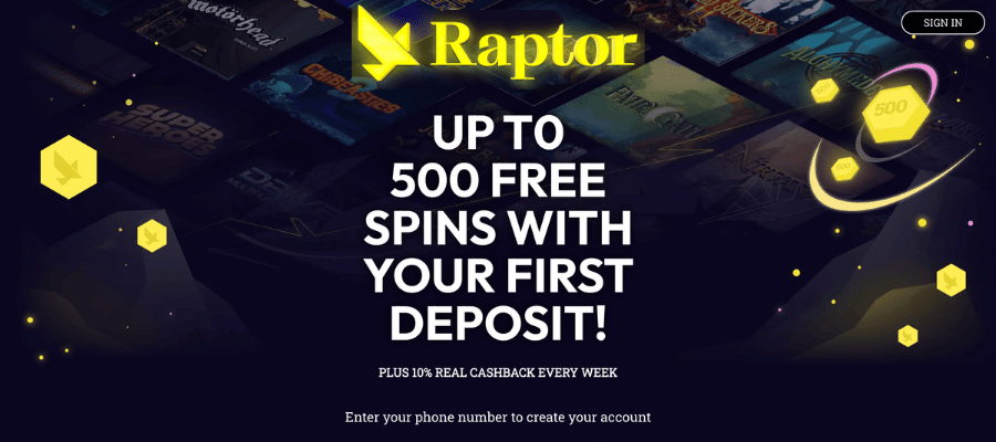 Raptor Casino startsida