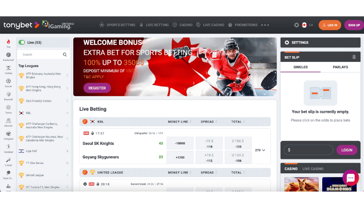 tonybet frontpage