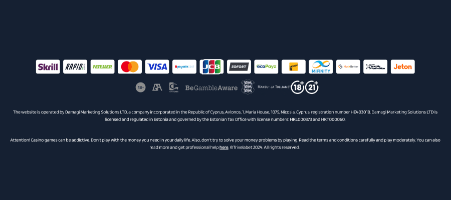 trivelabet license and payment methods
